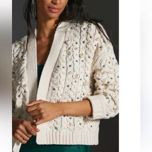 Anthropologie Cream Beaded Cable-Knit Cardigan